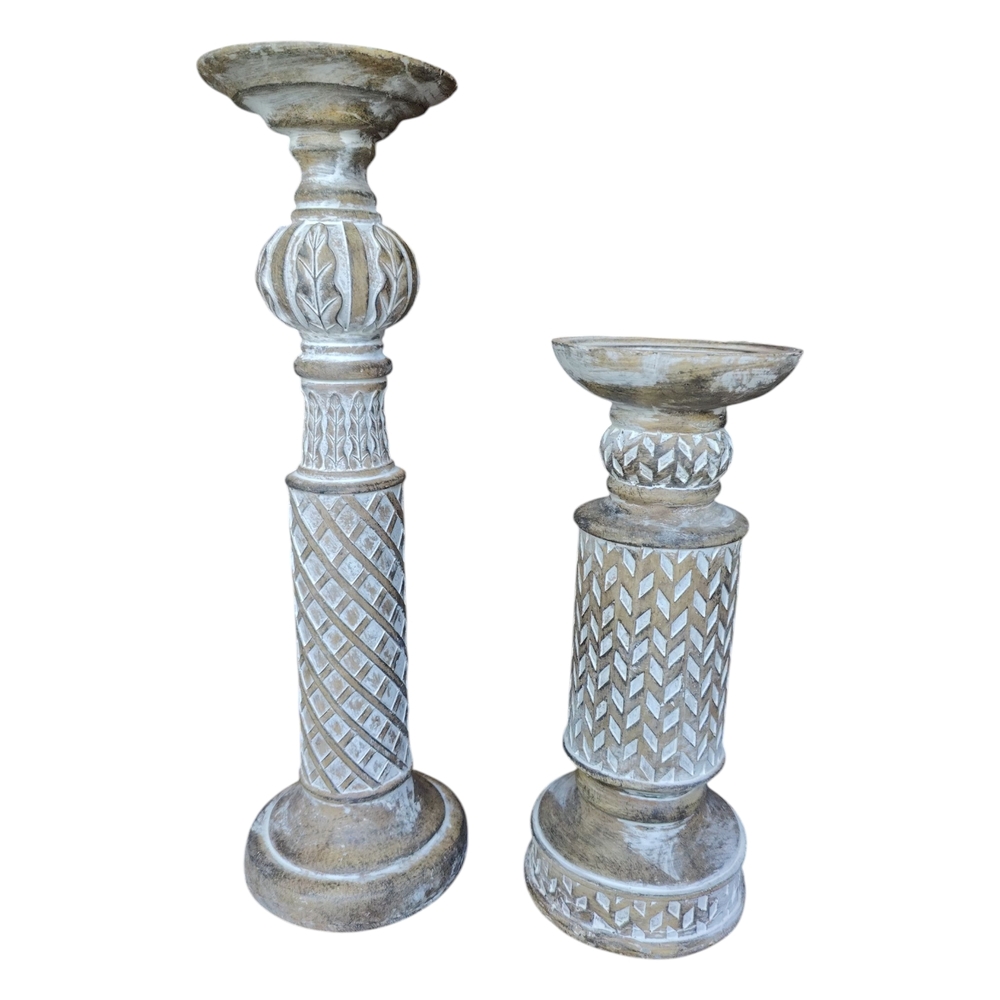 Rustic White and Brown Candle Holders‎ Coastal Decorative Set Of 2